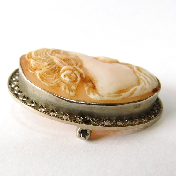 Antique 10K Solid White Gold Carved Cameo Brooch Art Deco Filigree Vintage - Picture 7 of 8